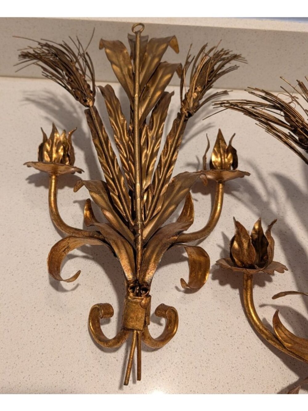 Pair of Vintage Italian Florentine Wheat Leaf Wall Sconces 17" MCM Gold Metal - Picture 13 of 16